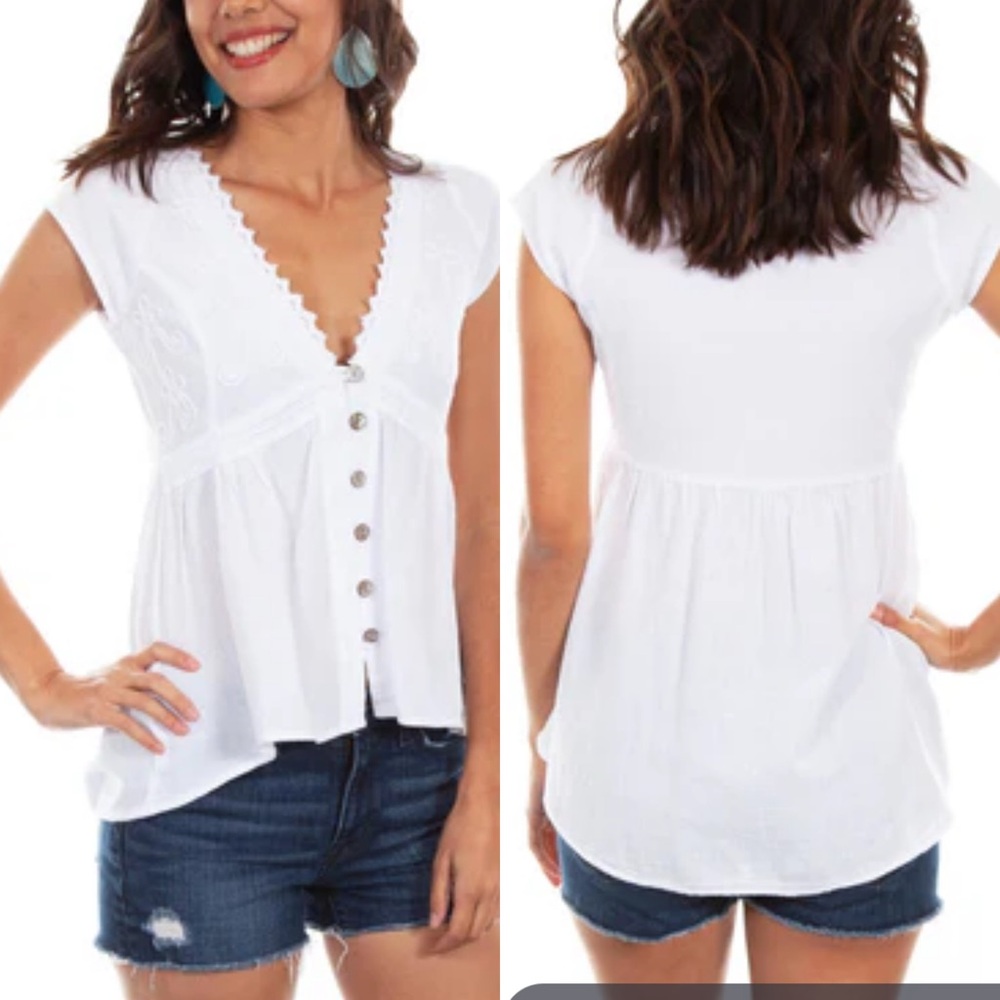 SCULLY Sz S White Peruvian Cotton Embroidered Short Sleeve Button Blouse Top - Picture 12 of 12